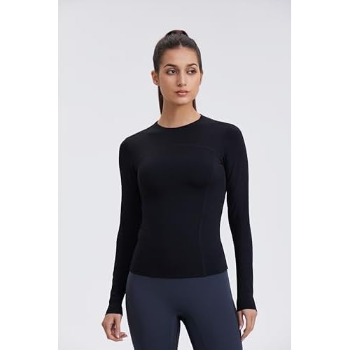 Womens Yoga Tops Long Sleeve Tight Workout Shirts Slim Fit Stretch Cream Feeling Gym Athletic Tee Crewneck