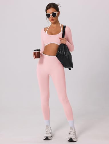 Pink OMEWEE Workout Sets for Women - Long Sleeve Crop Top & Anti-Squat Pants, Small