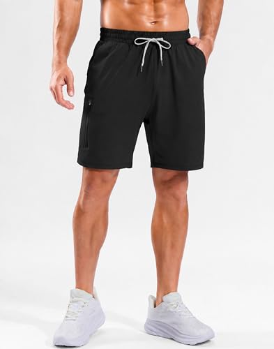 Men's 7-Inch Athletic Sweat Shorts Large Black with Zipper Pockets - Lounge & Gym