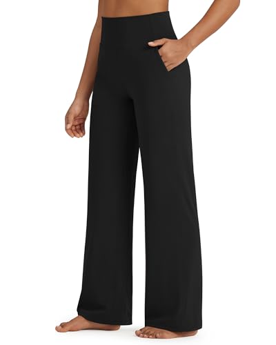 Women's Wide Leg Yoga Pants with Pockets - Medium Black - BareFeel G4Free