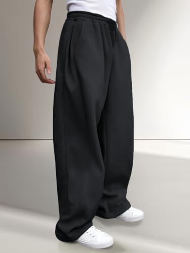 Men's Black Fleece Wide Leg Baggy Sweatpants with Elastic Drawstring Waist - Large