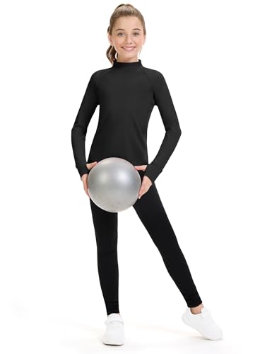 Girls Long Sleeve Turtleneck Shirt - Kids Athletic Top, Black, 9-10 Years
