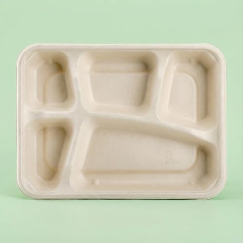 50 Pack 5-Compartment Disposable Paper Plates - Compostable Lunch Trays for Parties & Picnics