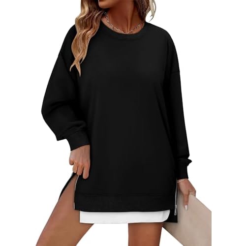 CHICZONE Crew Neck Oversized Sweatshirt Zipper Slit Long Sleeve Pullover for Women 2025 Trendy Fall Clothes