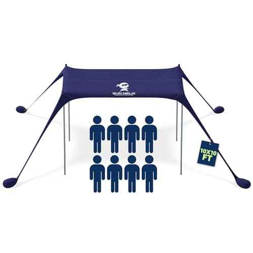 SUN NINJA Beach Tent Sun Shelter UPF50+ - Easy Pop Up Beach Canopy - Outdoor Shade for Camping Trips, Fishing, Backyard Fun Picnics - Sand Shovel, Ground Pegs & Stability Poles