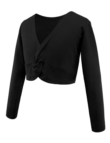 Girls Ballet Wrap Shrug Crop Top Long Sleeve Dance Costume - Black 4-6 Years