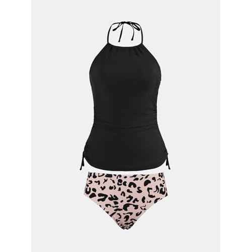 CUPSHE Women's Tankini Sets Two Piece Swimsuit High Neck Halter Mid Rise Adjustable Drawstrings