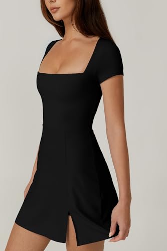 QINSEN Women's Square Neck Tennis Dress Medium Black with Built-in Shorts and Pockets