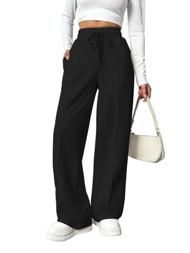 PINSPARK Wide Leg High Waisted Baggy Sweatpants for Women - Medium Petite, Black