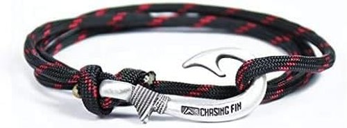 Chasing Fin Fish Hook Pendant Bracelet - Cool 30-Inch Military-Grade 550 Paracord Bracelet & Anklet - Adjustable Size, 100% Nylon Nautical & Fishing Accessory - J-Hook Pendant, Pewter (Thin Red Line)