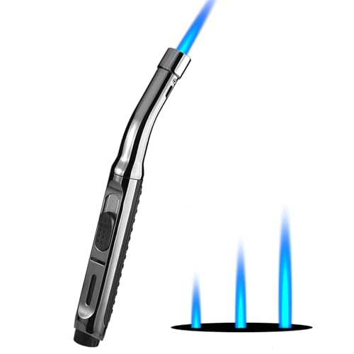 Yeuligo Long Torch Lighter with Visible Window & Adjustable Flame - Dark Gray, 7.6in Refillable Gas Lighter for Kitchen Fireplace Camping Grill BBQ