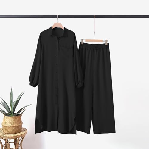 XX-Large Women's Muslim Abaya 2-Piece Set Long Sleeve Shirt & Pants Black Dubai Outfit