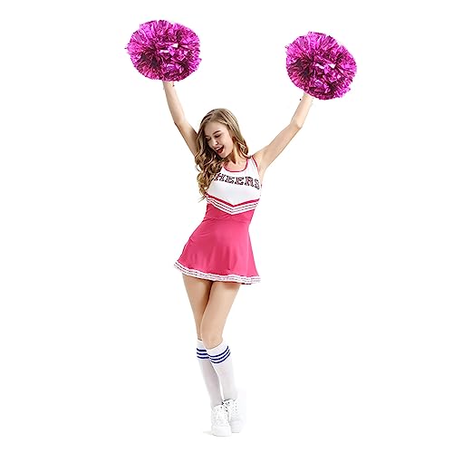 Pink Cheerleading Pom Poms with Baton Handles - 6 Pack, 14 Inch Glitter Team Spirit