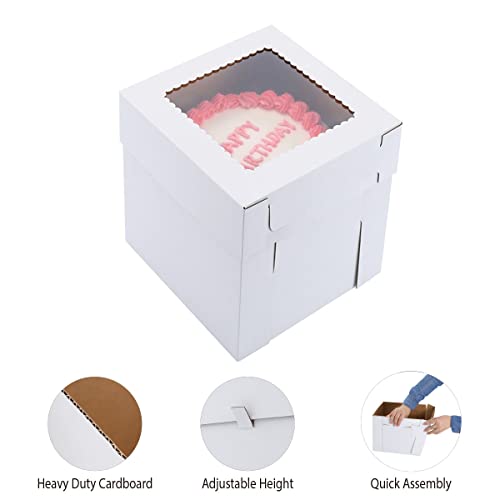 Tall Cake Boxes 10x10x12 Inch 3 Pack with Transparent Top Window, Recyclable Kraft Cardboard, Adjustable Height for Tier Cakes & Gifts