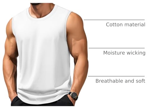 Men's Moisture Wicking Cotton Tank Top Large White - Summer Gym Workout Sleeveless Shirt