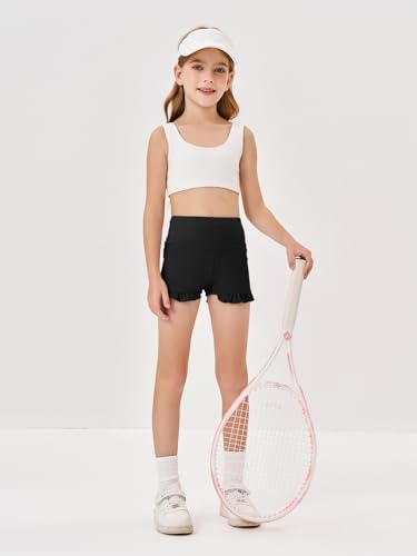 Girls Athletic High Waisted Ruffle Shorts - 5-6 Years Black - Comfortable Dance Workout Shorts