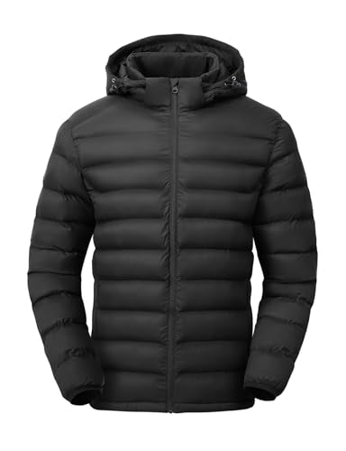 Men's Lightweight Puffer Jacket with Detachable Hood Water-Resistant Winter Coat - 4X-Large Black