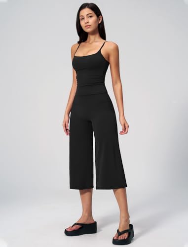 Women's Workout Set Spaghetti Strap Crop Top & Wide Leg Capri Pants - Medium Black