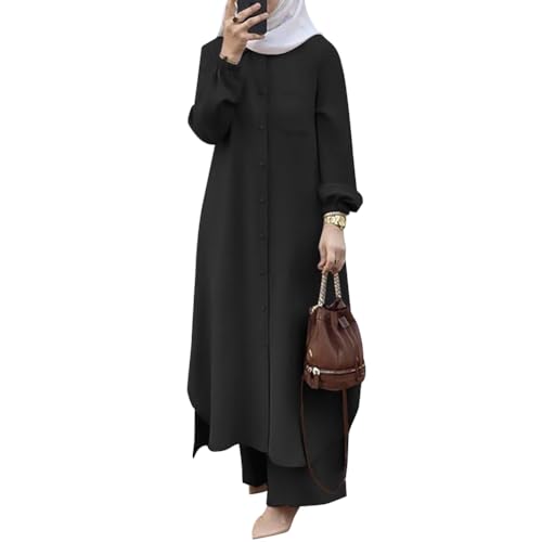 XX-Large Women's Muslim Abaya 2-Piece Set Long Sleeve Shirt & Pants Black Dubai Outfit