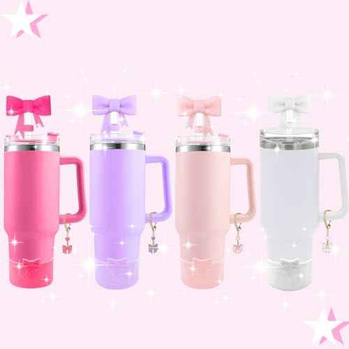 Cup Accessories Set for Stanley,Including 2Pcs Cute Glitter Bow Straw Cover Caps 10mm Reusable Straw Toppers,1Pcs Silicone Boot Sleeve and 1Pcs Handle Charm for Stanley Tumbler 30&40oz,Glitter Pink