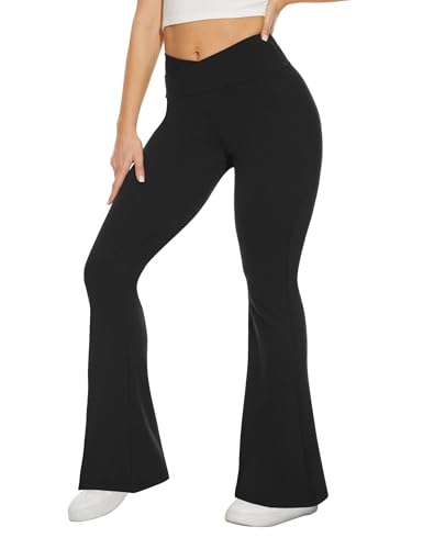 Black Flare Leggings for Women with Pockets - Crossover Yoga Pants, X-Large