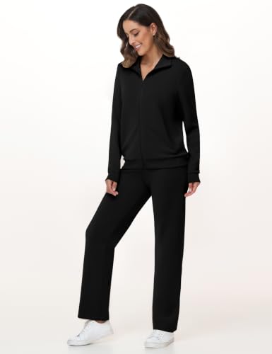 Women's Modal Tracksuit Set Full Zip Jacket & Straight Leg Pants - Small, Black