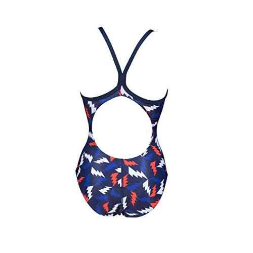 ARENA Women's Print Light Drop Back MaxLife One Piece Athletic Training Swimsuit, Lightning Colors Navy/Red, 28
