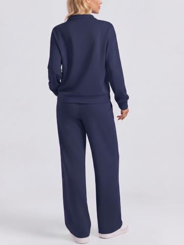 Women's 2 Piece Lounge Sets Navy Blue Large Zip Up Striped Tracksuit - Casual Wear