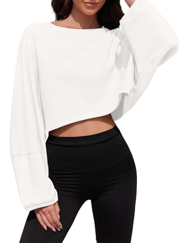 Tankaneo Women's Long Sleeve Yoga Crop Top Fall Sweatshirt - Small White