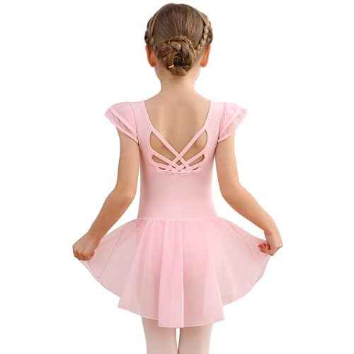 MdnMd Girls Dance Ballet Leotards Dresses for Toddler Ballerina Outfit Skirt Hollow Knot Back Flutter Sleeve