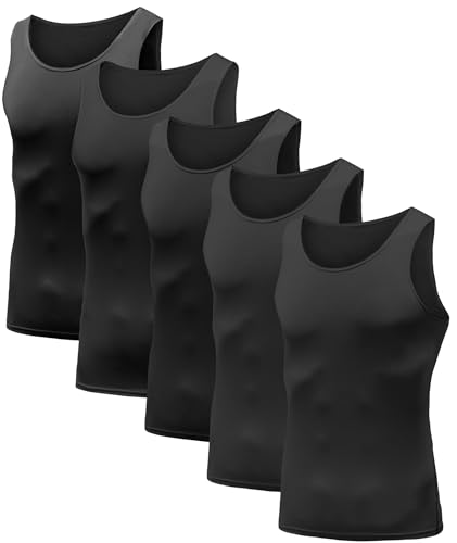 Men's Compression Tank Top 3/5 Pack - Sleeveless Cool Dry Base Layer for Gym - Large, Black