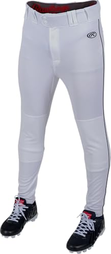 Rawlings Boy's Launch Baseball Pants - Tapered Jogger Fit with Piped Colors - White/Black Large