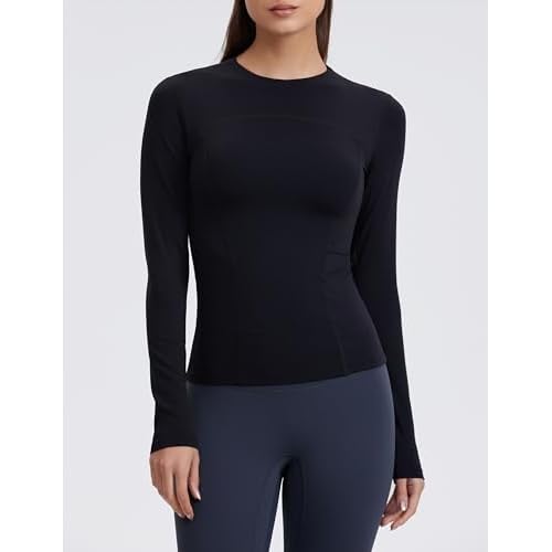 Womens Yoga Tops Long Sleeve Tight Workout Shirts Slim Fit Stretch Cream Feeling Gym Athletic Tee Crewneck