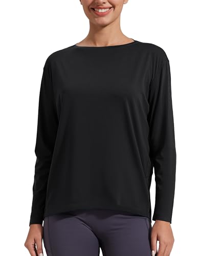 Women's Bamboo Viscose Long Sleeve Workout Shirt - Black, Large, Loose Fit Yoga Top