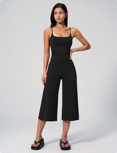 Women's Workout Set Spaghetti Strap Crop Top & Wide Leg Capri Pants - Medium Black