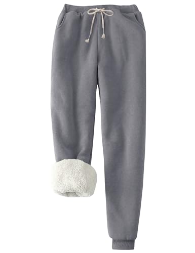 Flygo Women's Winter Fleece Joggers Sherpa Lined Pants Small Ash Grey with Pockets