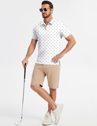 Poriff Men's Short Sleeve Golf Polo Shirt Dry Fit Moisture Wicking Top - White, Large