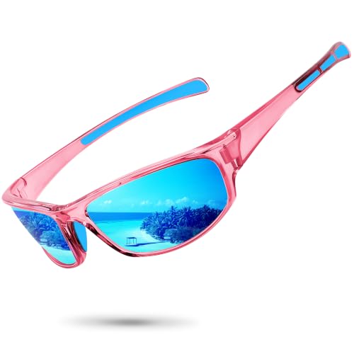 Polarized Sports Sunglasses for Men Women Wrap Around UV Protection - Pink Frame Blue Mirror Lens 62mm