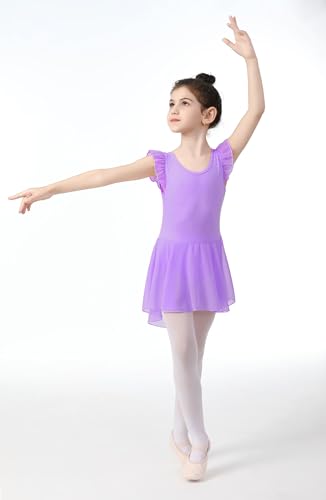Kids Girls Ruffle Sleeve Tutu Leotard Dress for Dance, Gymnastics & Ballet - 5-6 Years, Black & Purple