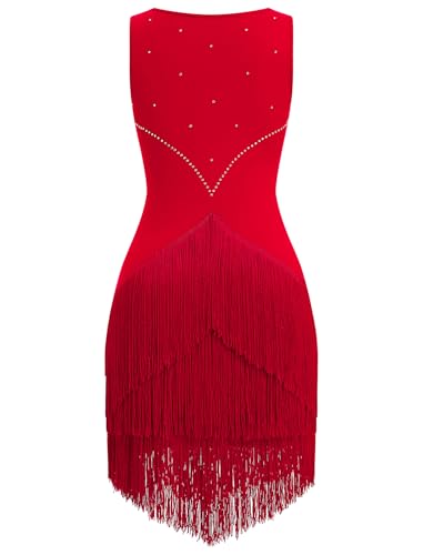 Red Rhinestones Fringe Tassel Latin Dance Dress for Women Competition Ballroom Salsa Flapper - Large