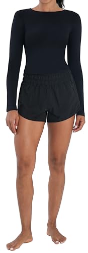 Sunzel Women's High Waist Running Shorts with Liner & Zipper Pocket - Medium Black