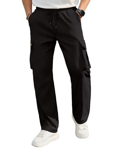 Mens Cargo Pants Casual Workout Hiking Sweatpants Large Black with Multi Pockets