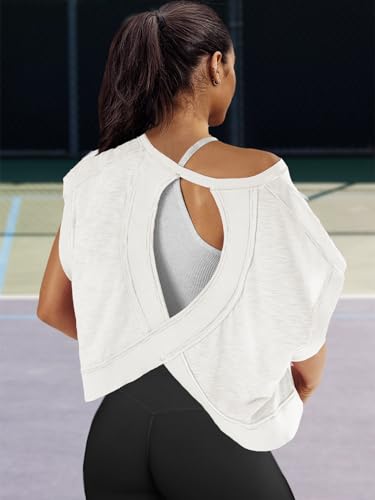 Panadila Women's Open Back Workout Tops Oversized T-Shirt - Medium White