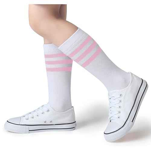 Pareberry Boys Girls Over the Calf Striped Tube Socks Cotton Soft Retro Athletics No Heel Socks for Kids 5-14 Years