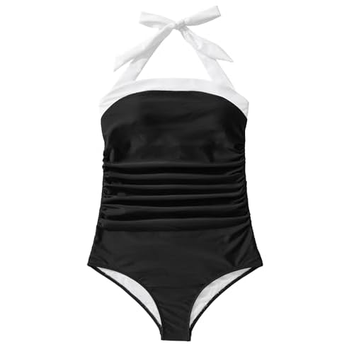 RXRXCOCO Women Retro One Piece Swimsuit Tummy Control Halter Vintage Bathing Suit