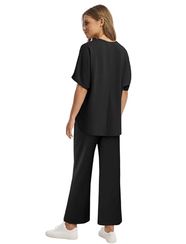 Sampeel Women's Summer Two Piece Sets Black XL Oversized Wide Leg Crop Pants Lounge Outfits