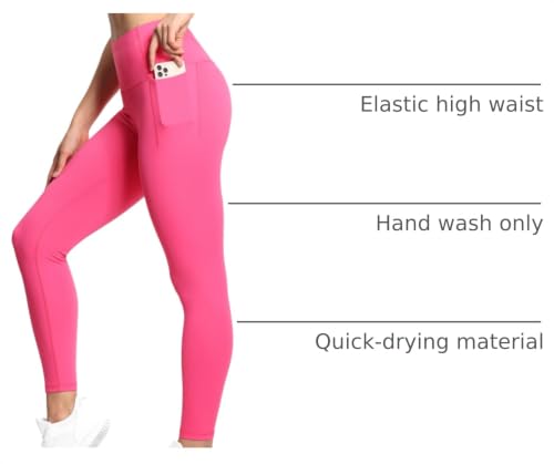 Women Tummy Control Yoga Leggings with Pockets - Full Length, Medium, Bright Pink