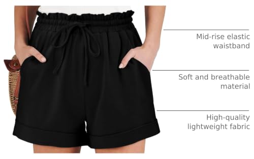 Women Casual Shorts with Pockets - Elastic Waist, Drawstring, Summer Pull-On Shorts - Black XL