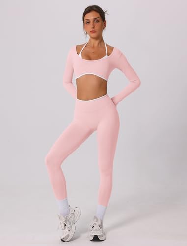 Pink OMEWEE Workout Sets for Women - Long Sleeve Crop Top & Anti-Squat Pants, Small