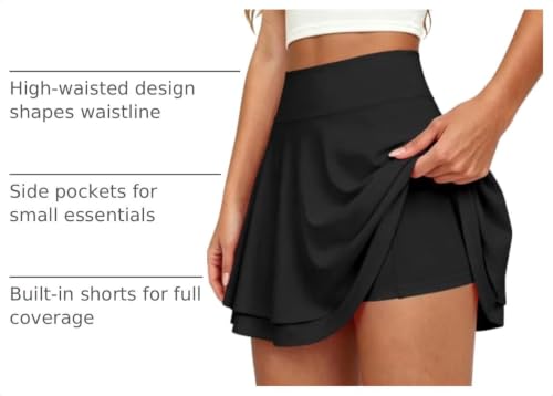 Women's Mini Tennis Skirts with Built-in Shorts & Pockets - Large Black